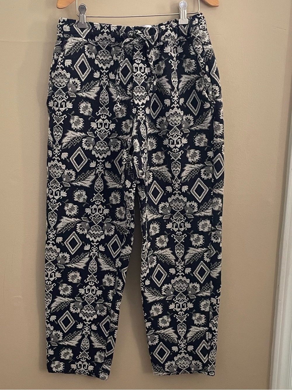 Wax London Kurt Geo Floral Jacquard Trousers Navy Cream Cropped Unisex - Size 30